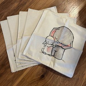 Kids decorative bunny and elephant pillow cases. 5 in total